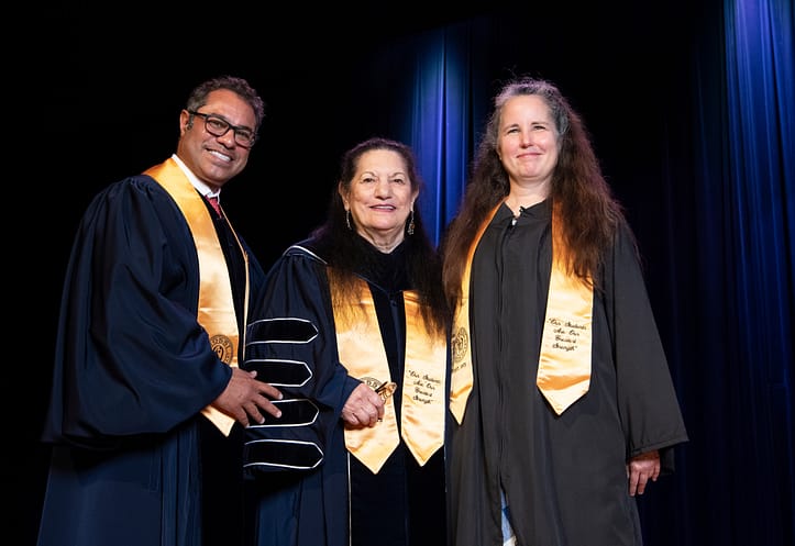 Nossi College of Art 2021 Graduation Master of Ceremonies Cyrus Vatandoost, Ms. Nossi and Celene Aubry